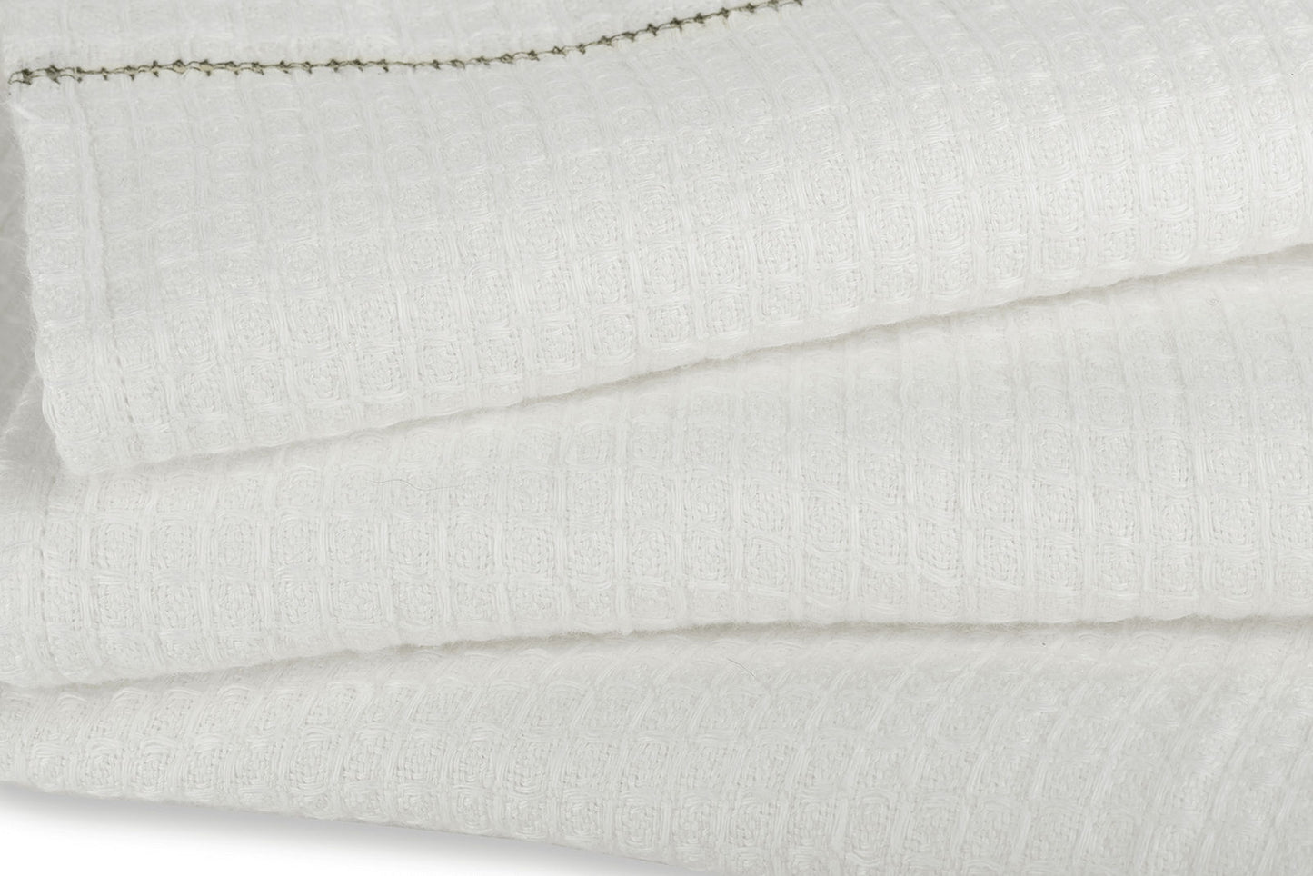 Liège Hand Towel in Ivory White Waffle with Olive Green Hemstitch