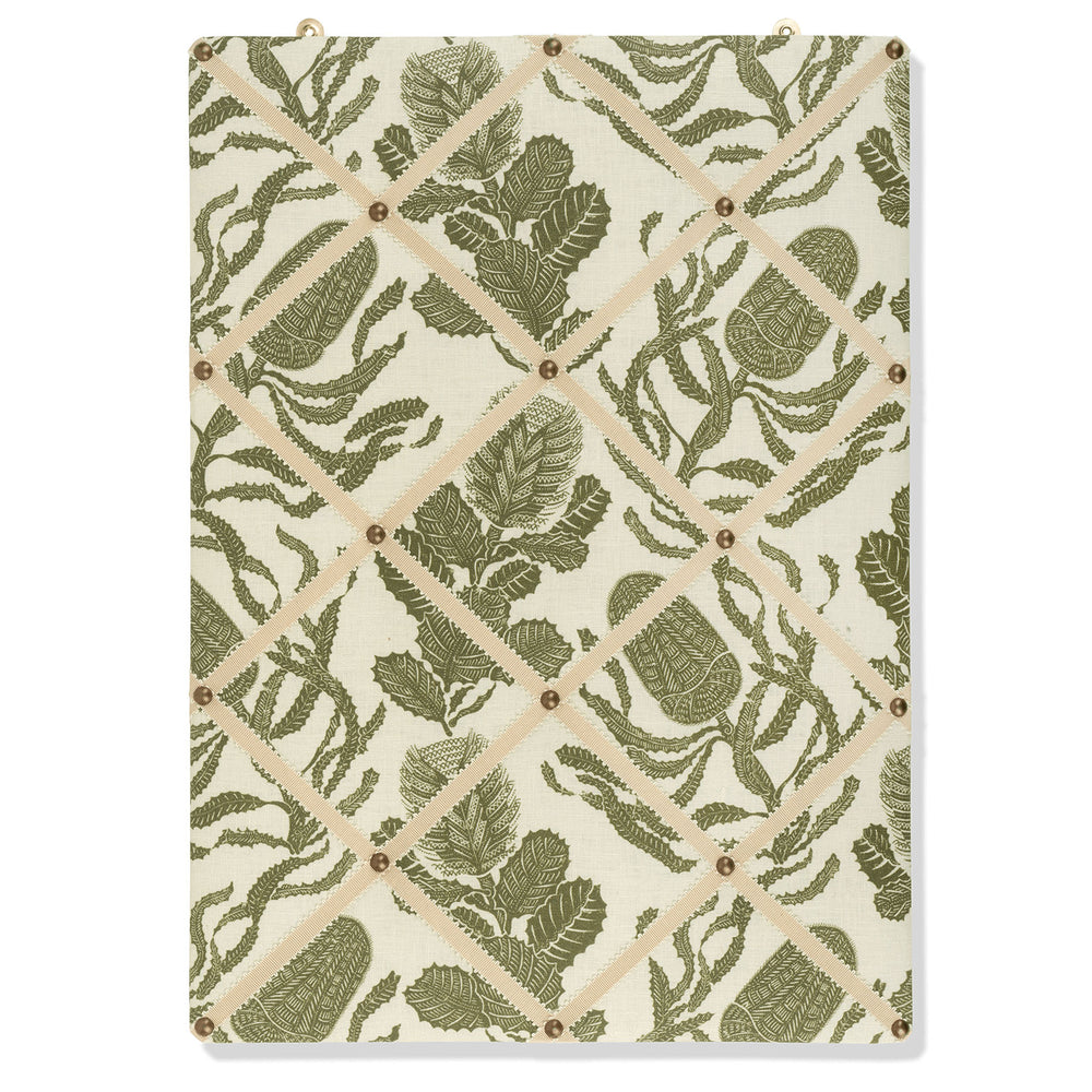 Ribboned Bulletin Board in Volga's Botanical Green Print with Macadamia Trim