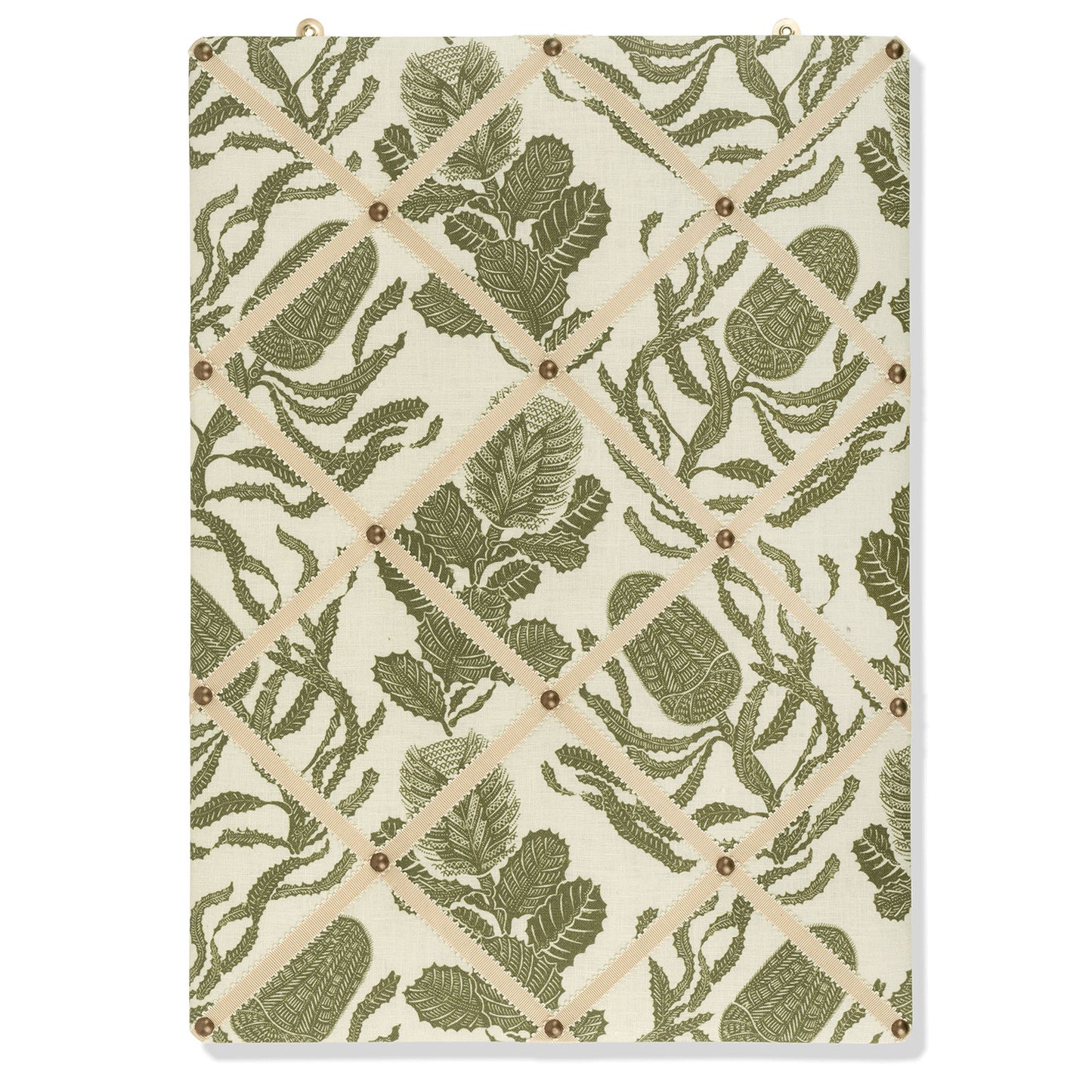 Ribboned Bulletin Board in Volga's Botanical Green Print with Macadamia Trim