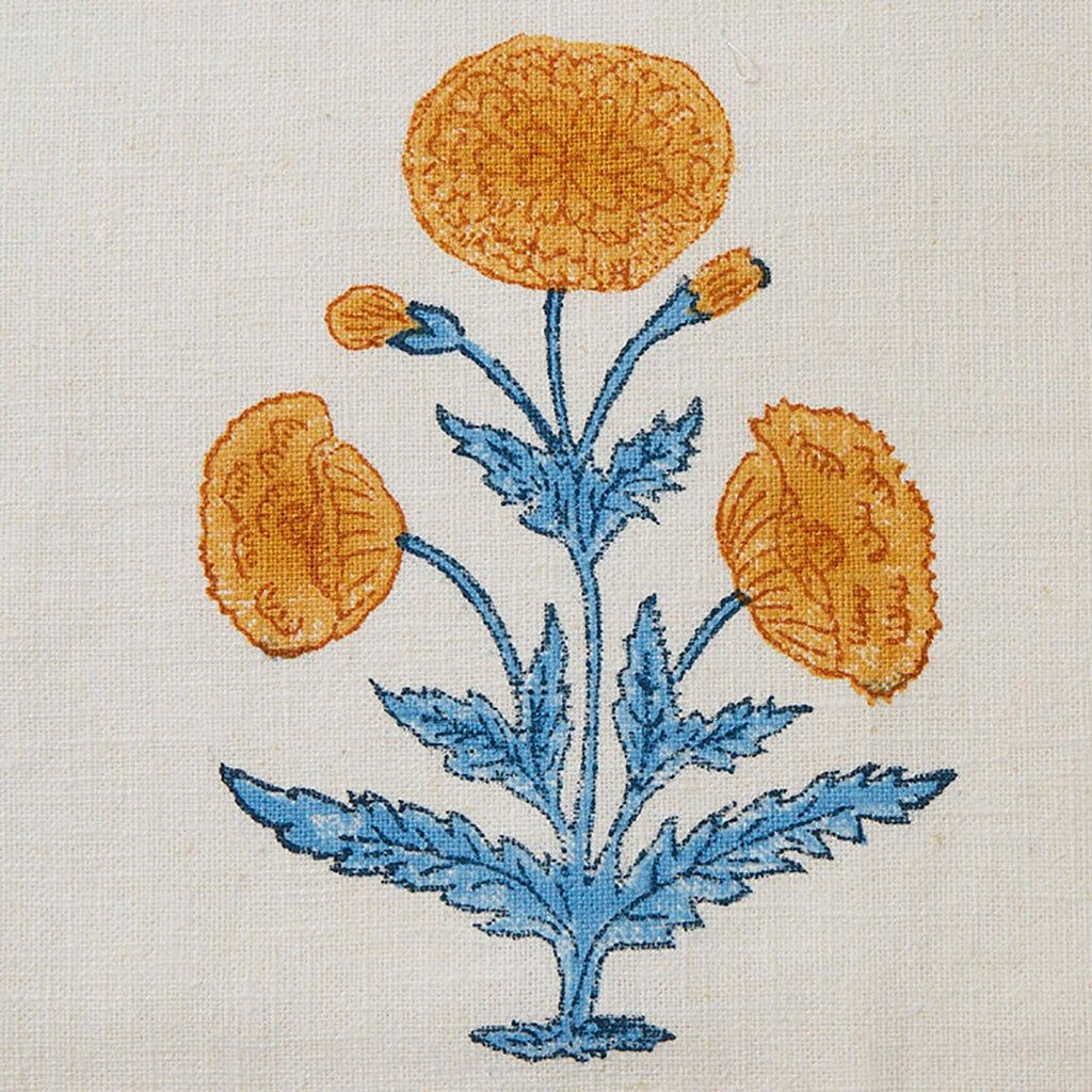 Poppy Block Printed Fabric Linen Mustard/Sky Sample
