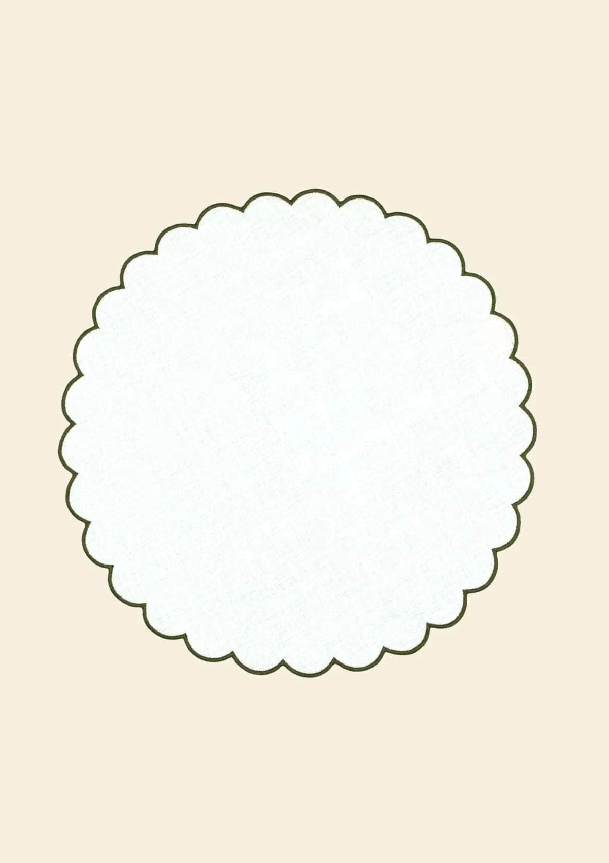 The White and Forest Green Linen Scalloped Round Placemats (Set of 2)