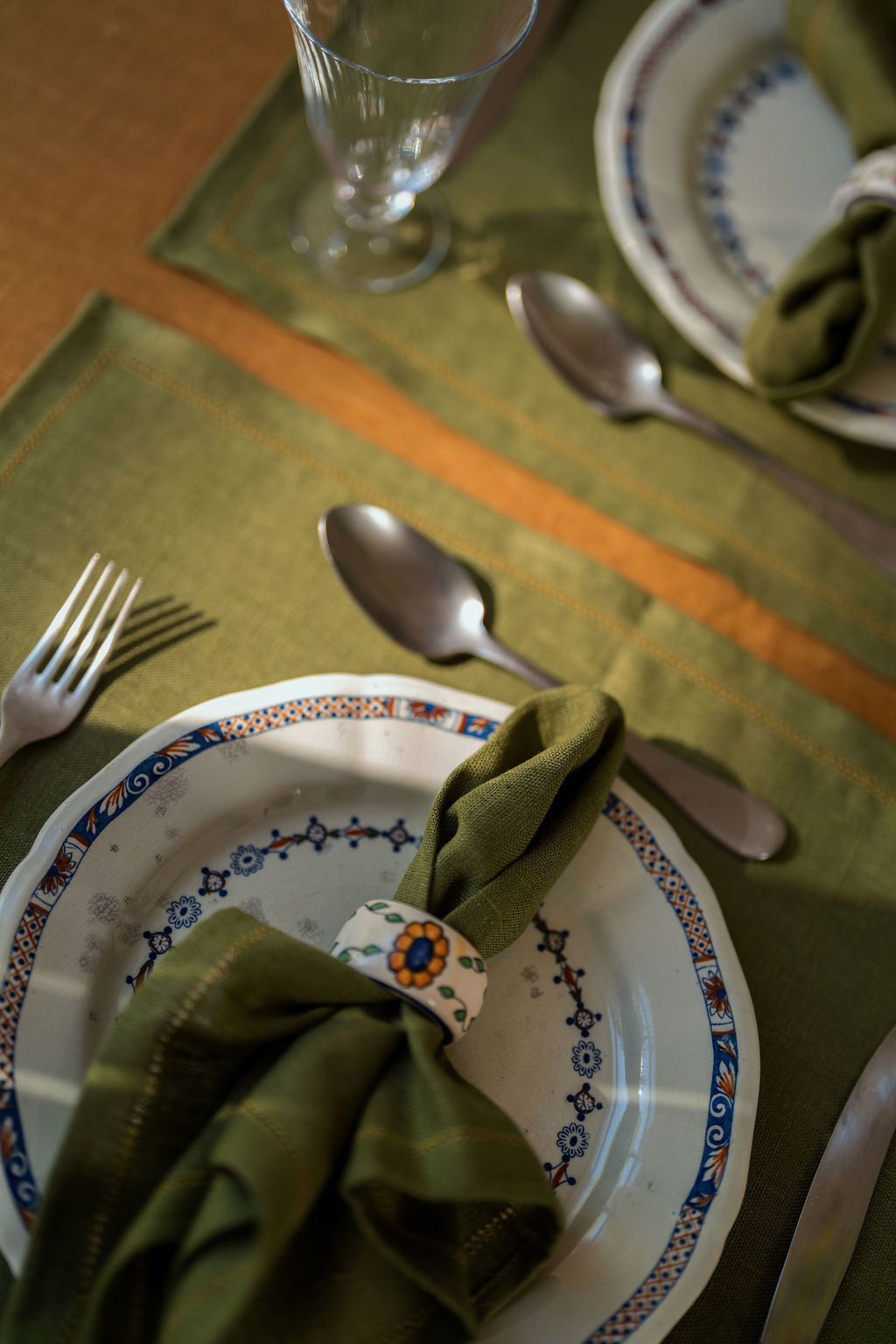 Set of Fern Green Napkins with Ochre Hemstitch