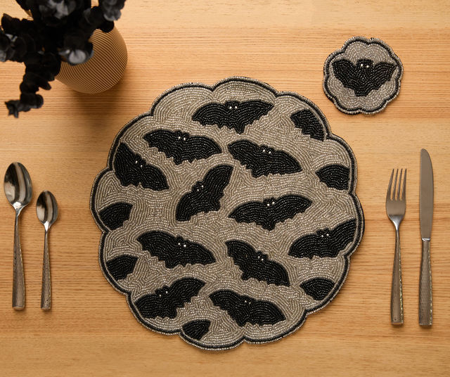 Halloween Bat Beaded Coaster – Handmade Cup Mat with Glass Beads