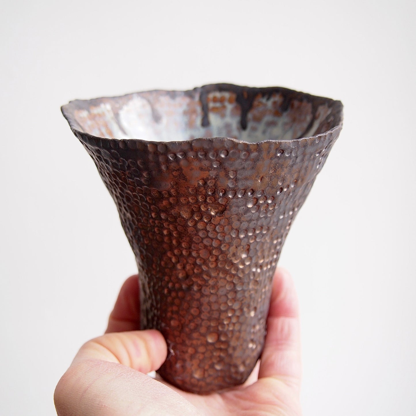 Handmade Bronze Dot Ceramic Vase with Blue Brown Swirly Interior