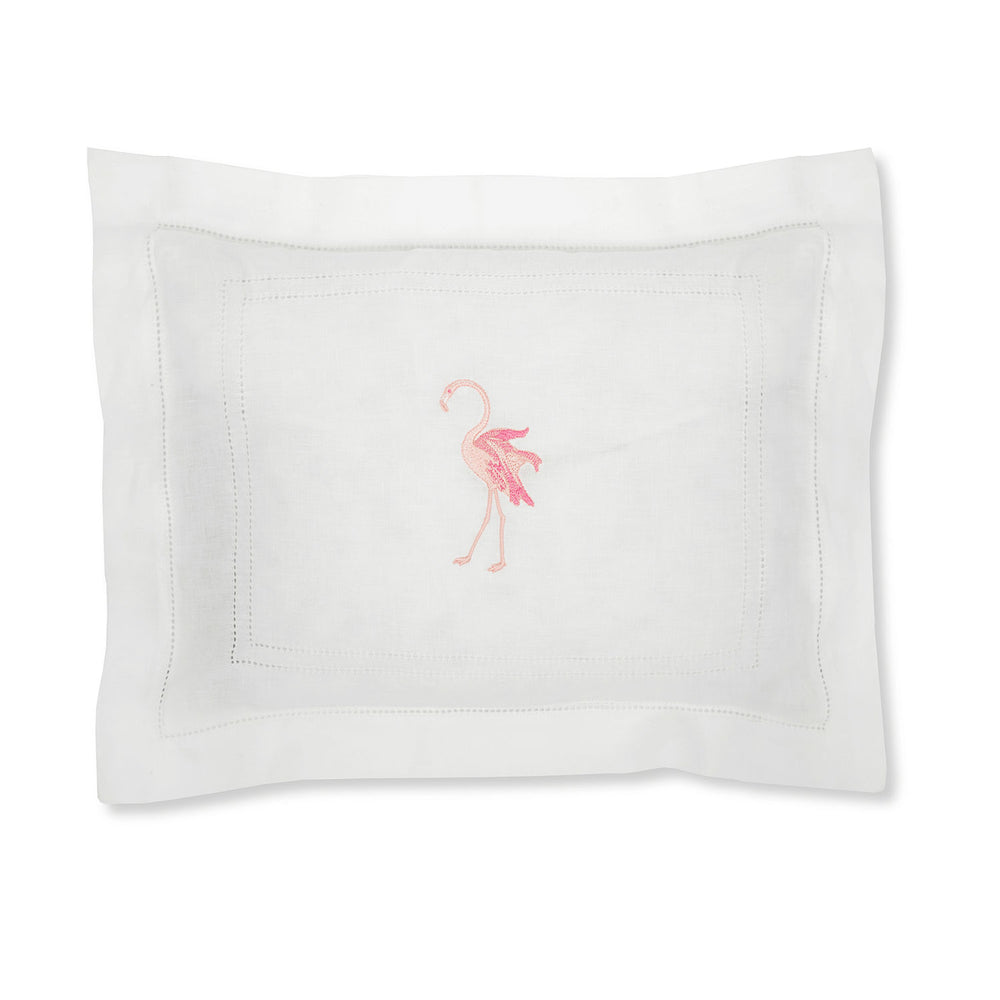 Boudoir Pillow with Ivory White Hemstitch and Flaming Flamingo Embroidery