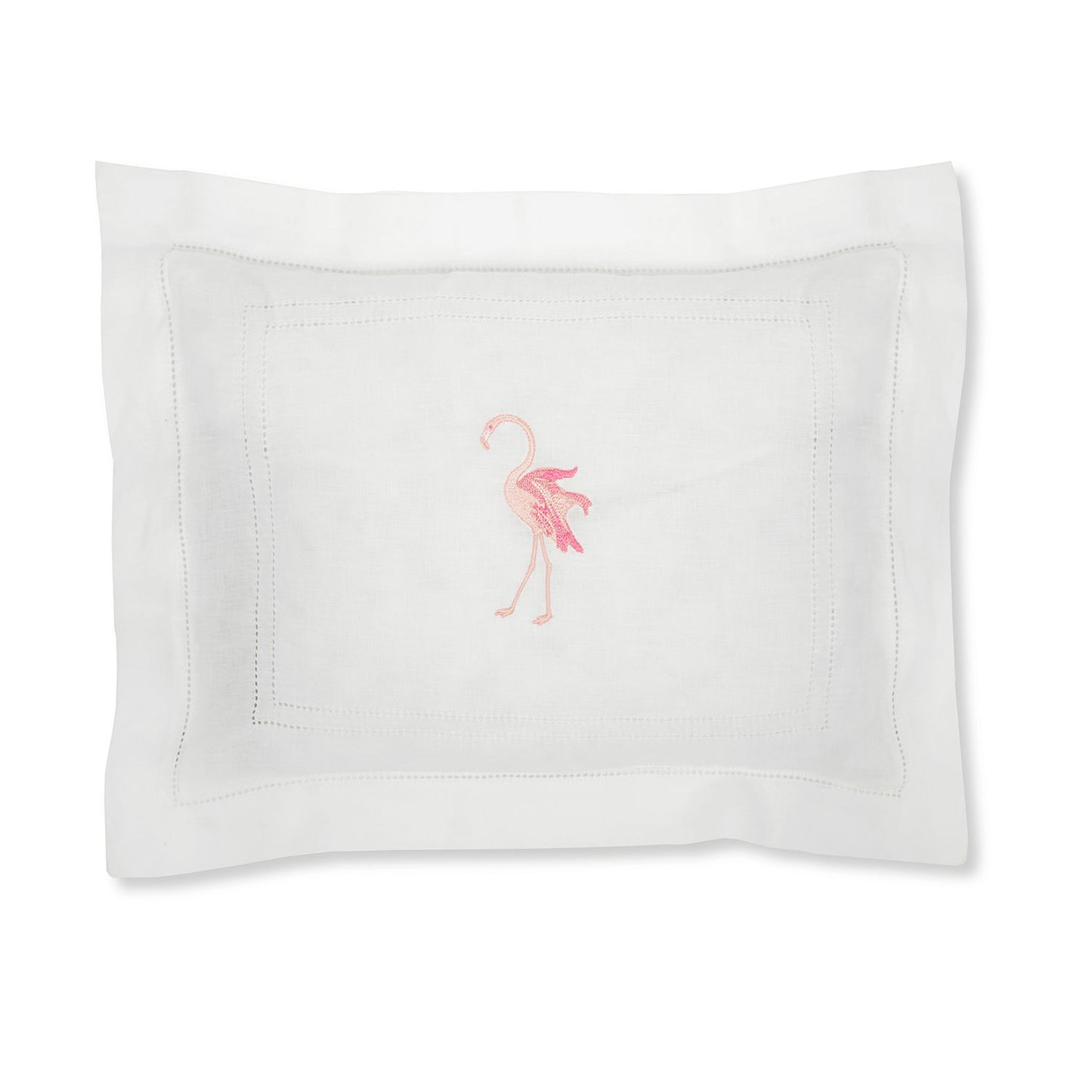Boudoir Pillow with Ivory White Hemstitch and Flaming Flamingo Embroidery