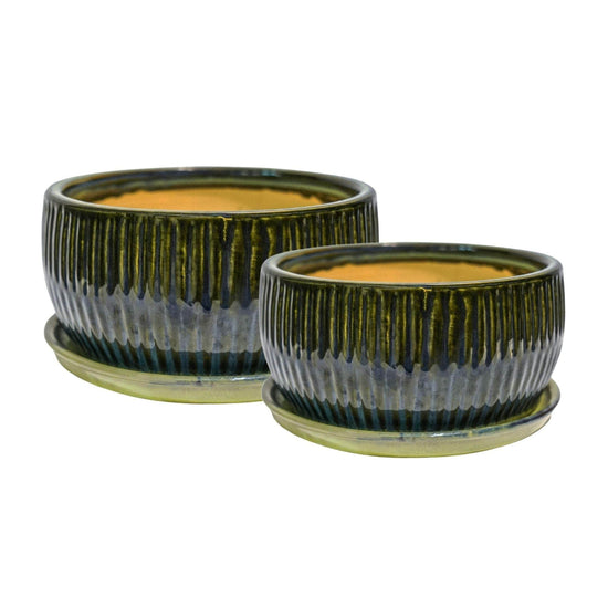 Emerald Round Reactive Glaze Bonsai Planter Set of 2