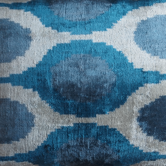 Silk Velvet Cushion - Cotton back Blue/White Shapes