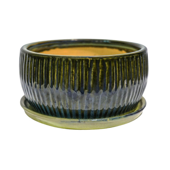 Emerald Round Reactive Glaze Bonsai Planter Set of 2