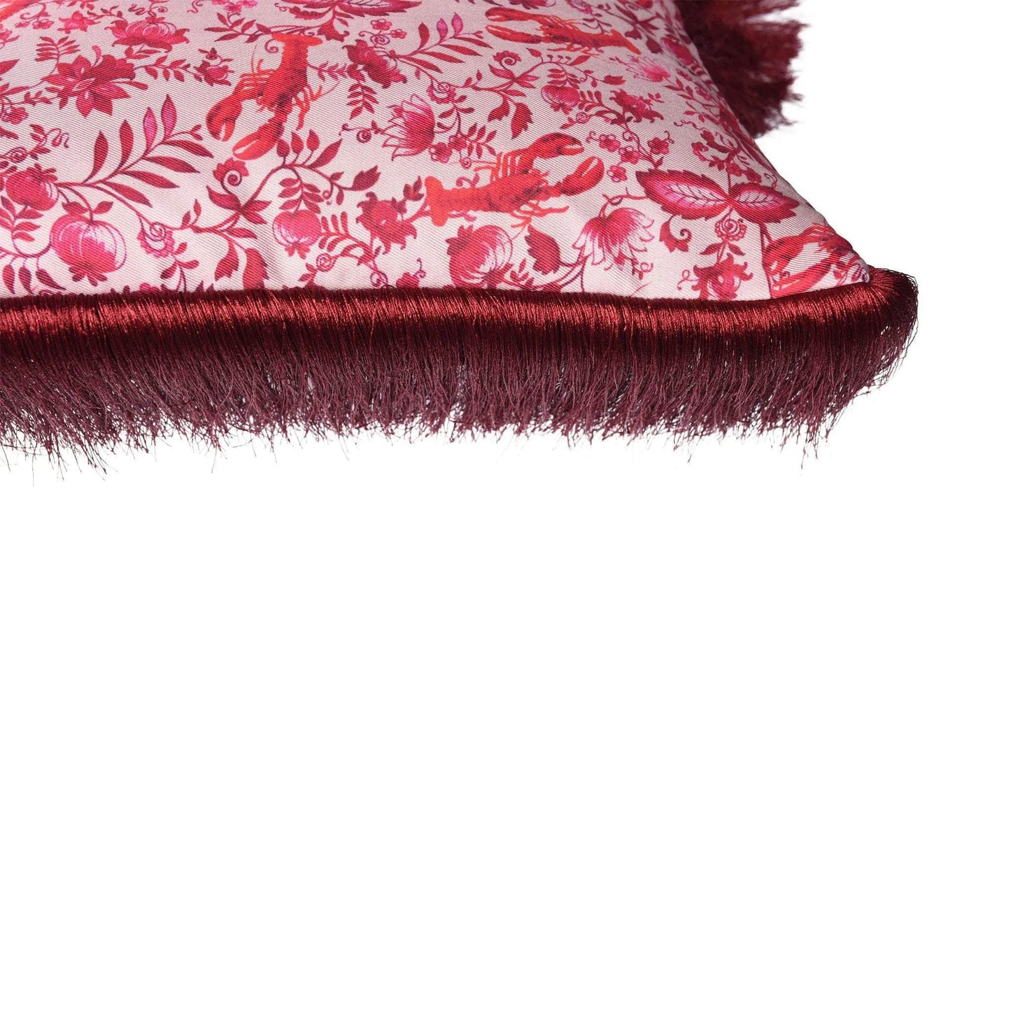 Mulberry silk twill and velvet red lobster-print cushion with fringes
