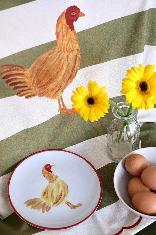 Cotton Green Striped Rooster Tablecloth