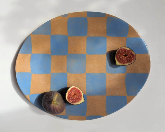 Blue Check Oval Serving Platter