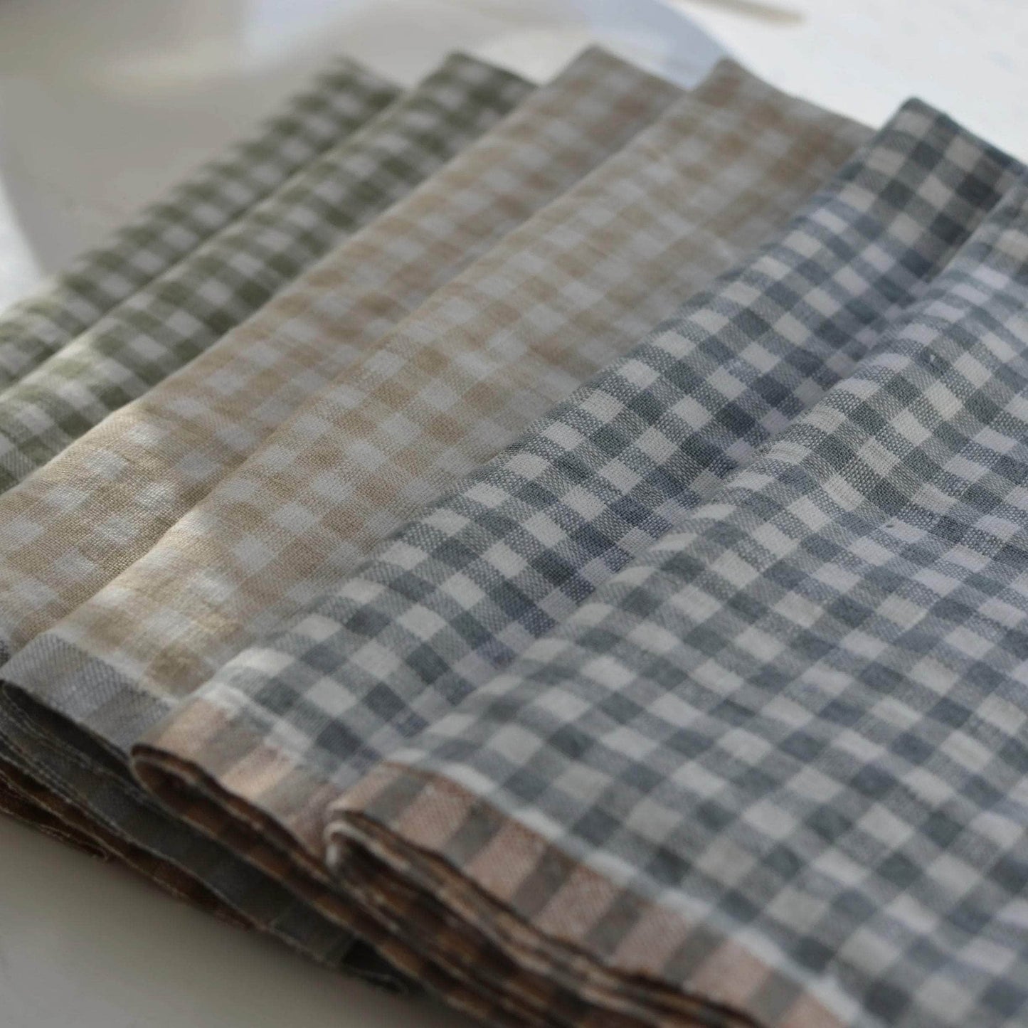 Beige Gingham Linen Kitchen Towels - Set of 2