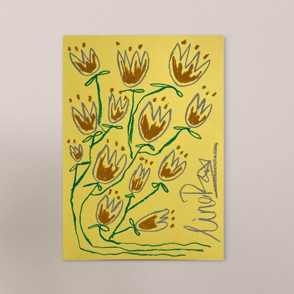 Chocolate & Grey Flowers On Yellow Background | Original painting A3