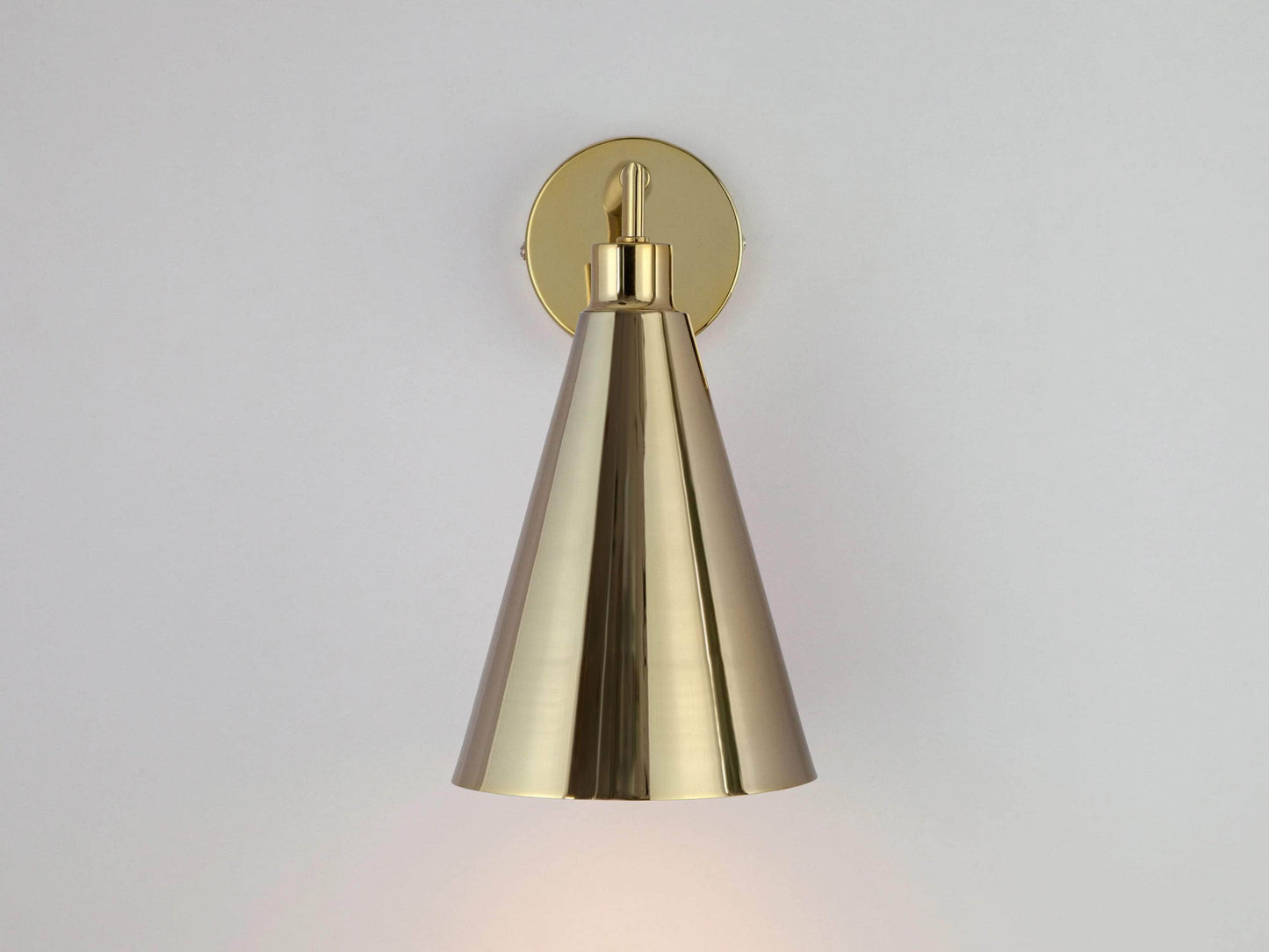 Brass cone shade wall light
