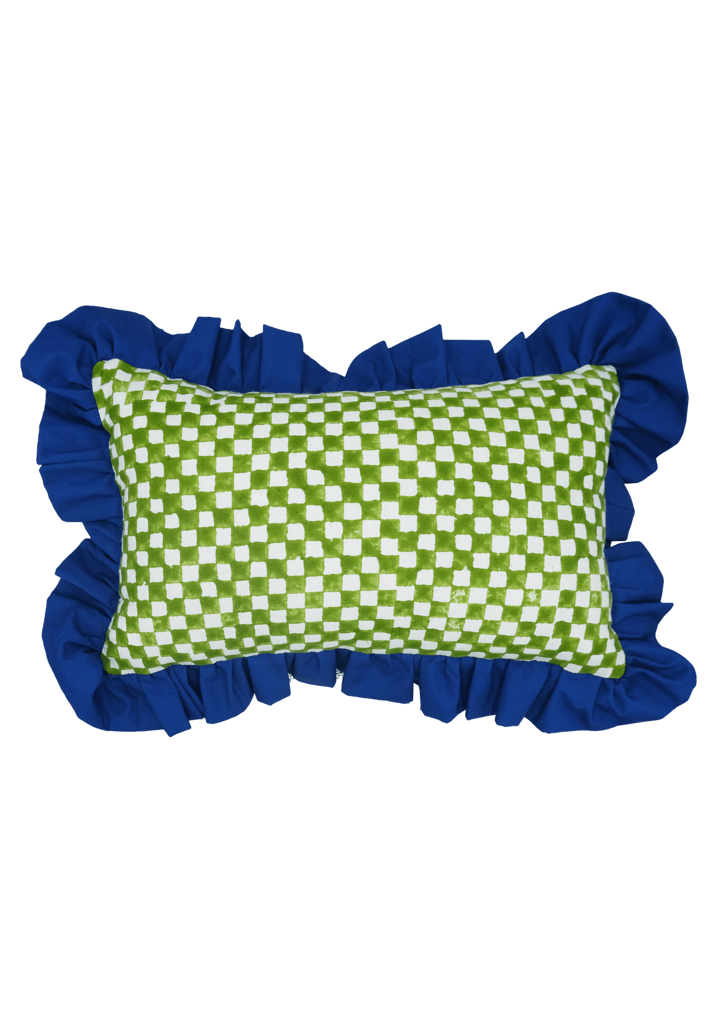 Green and White Checkerboard with Ruffle Detail Cushion | Rectangle