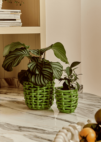 Small Apple Green Basketweave Planter