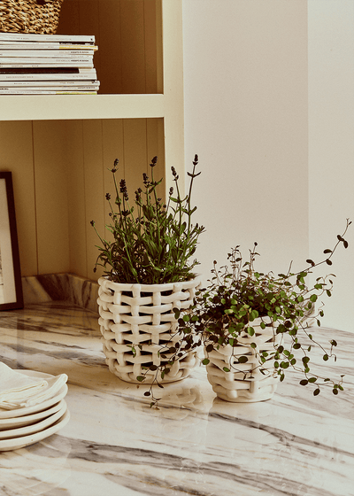 Late Afternoon Small White Basketweave Planter