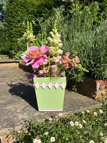 Green Diamond Style Planter with Light Pink Edge