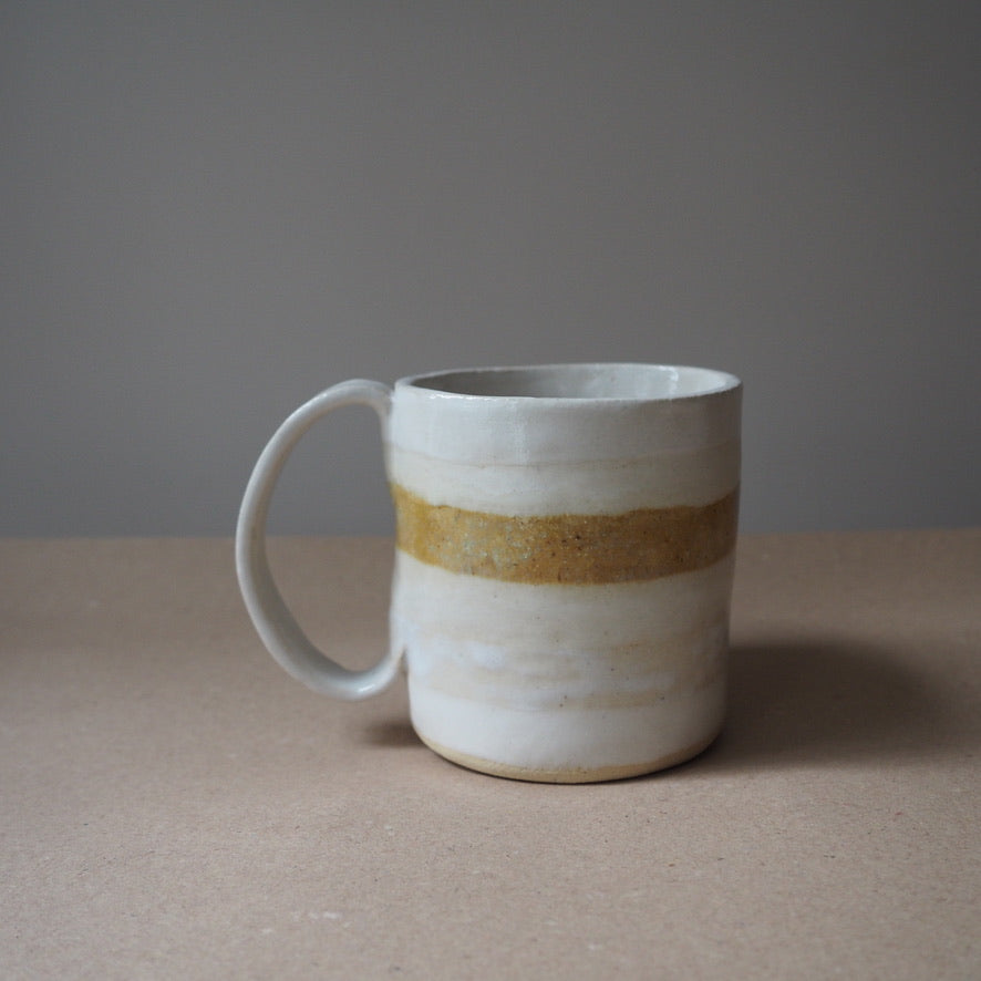 Ceramic Mug in Stripes of White, Cream and Mustard Glaze