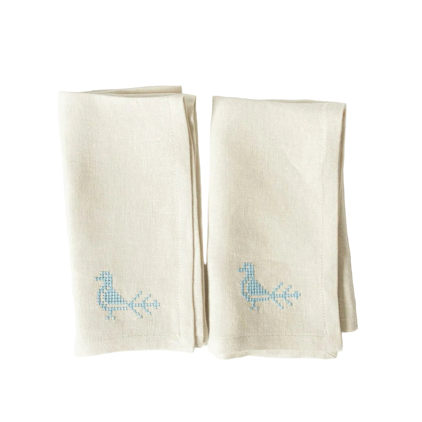 Beige Linen Napkins with Bird Cross-Stitch Embroidery (Set of 2)