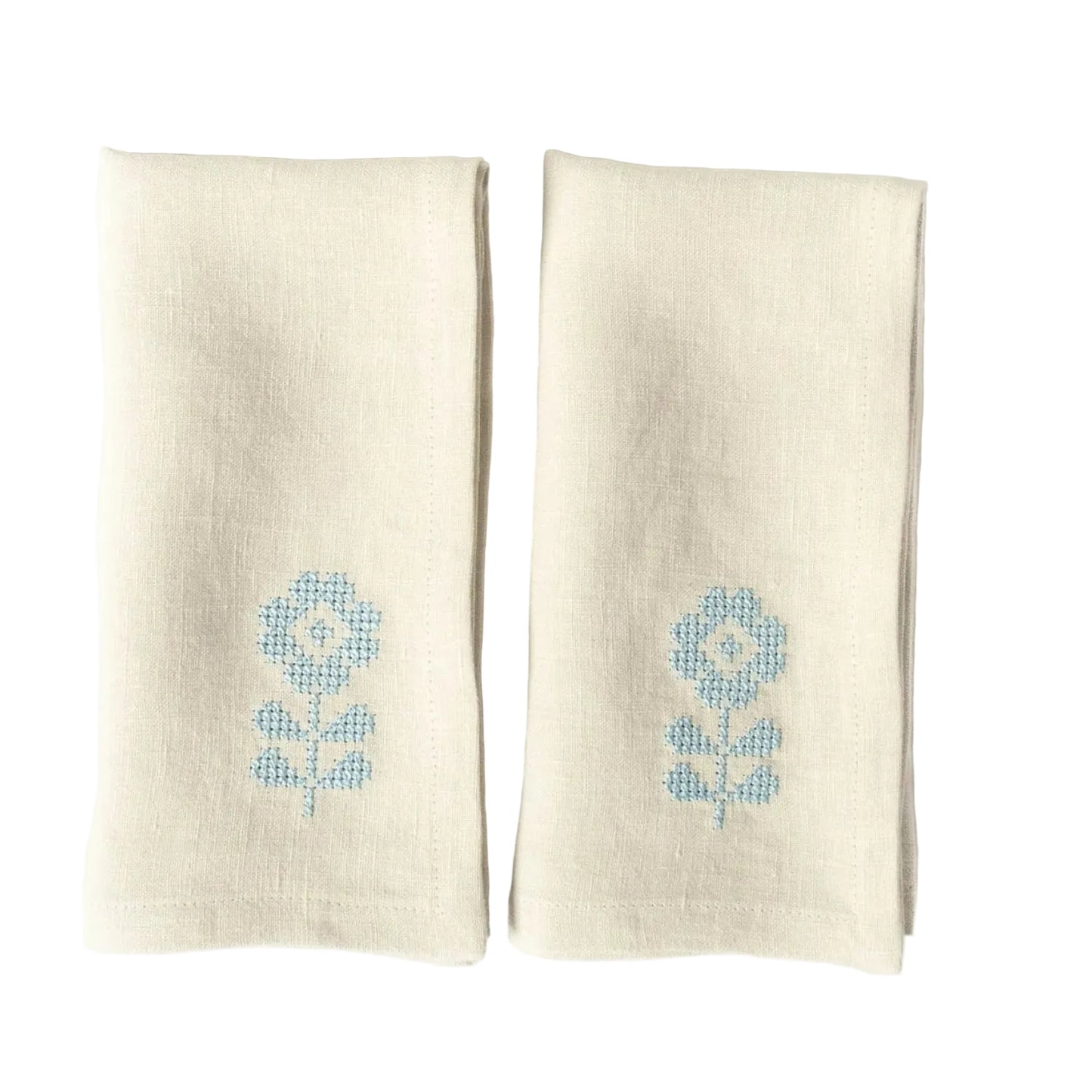 Beige Linen Napkins with Flower Cross-Stitch Embroidery (Set of 2)