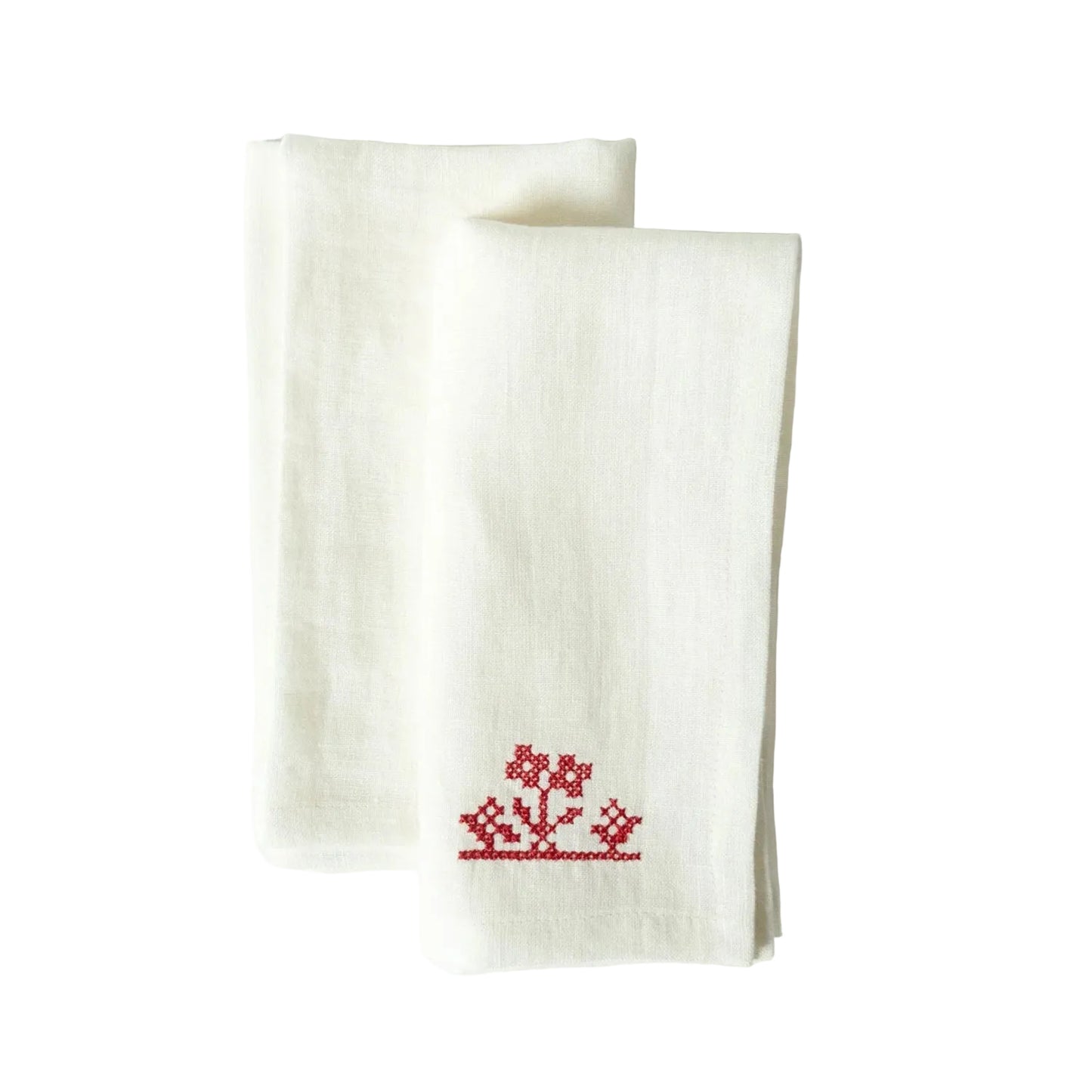 White Linen Napkins with Floral Set Cross-Stitch Embroidery (Set of 2)