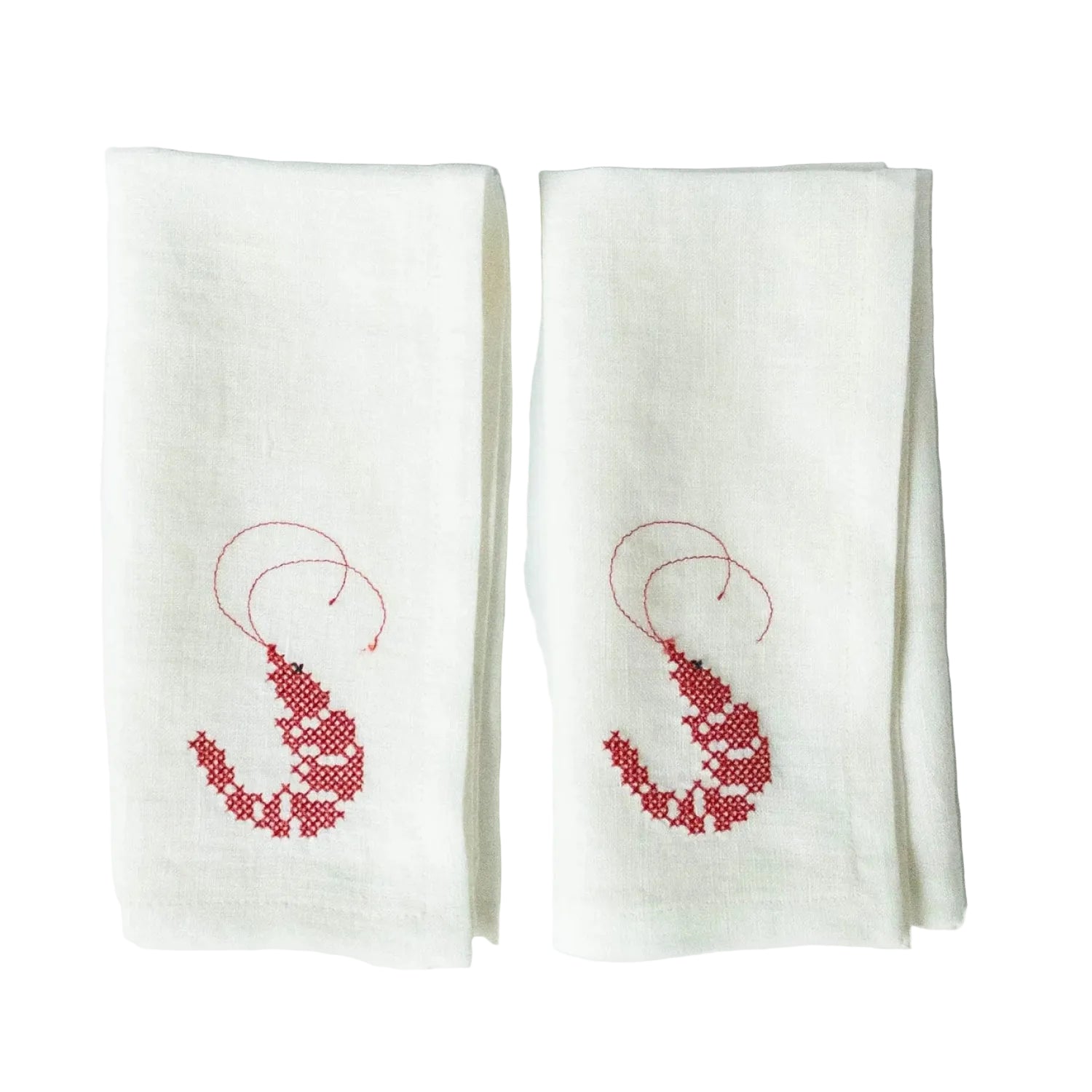 White Linen Napkins with Prawn Cross-Stitch Embroidery (Set of 2)