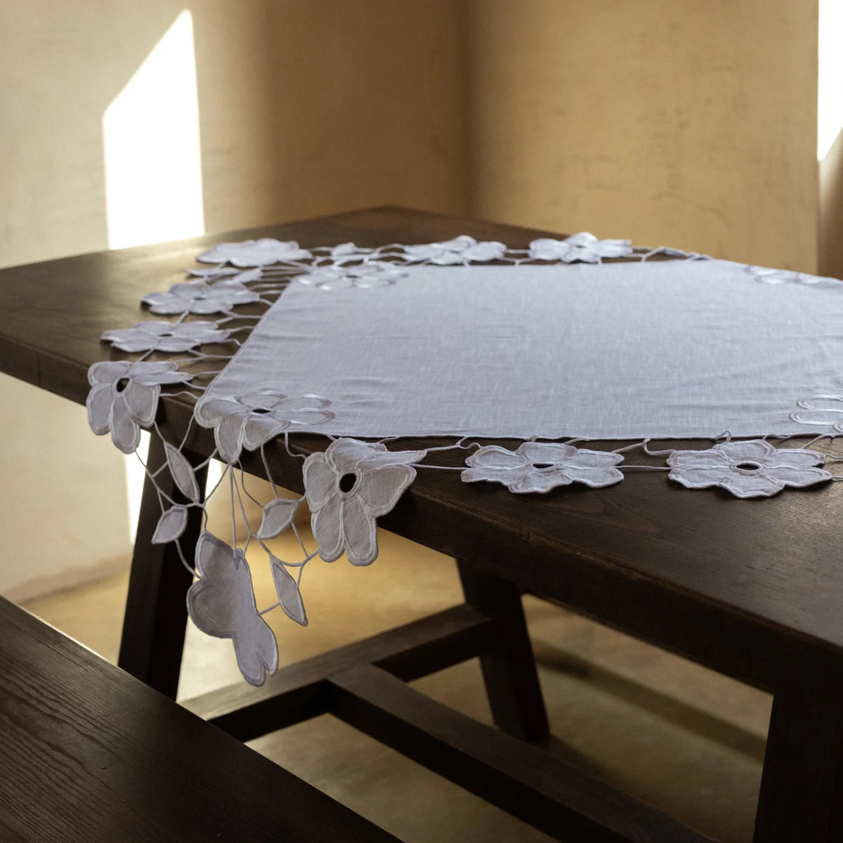 Linen Tablecloth with Floral Cutwork