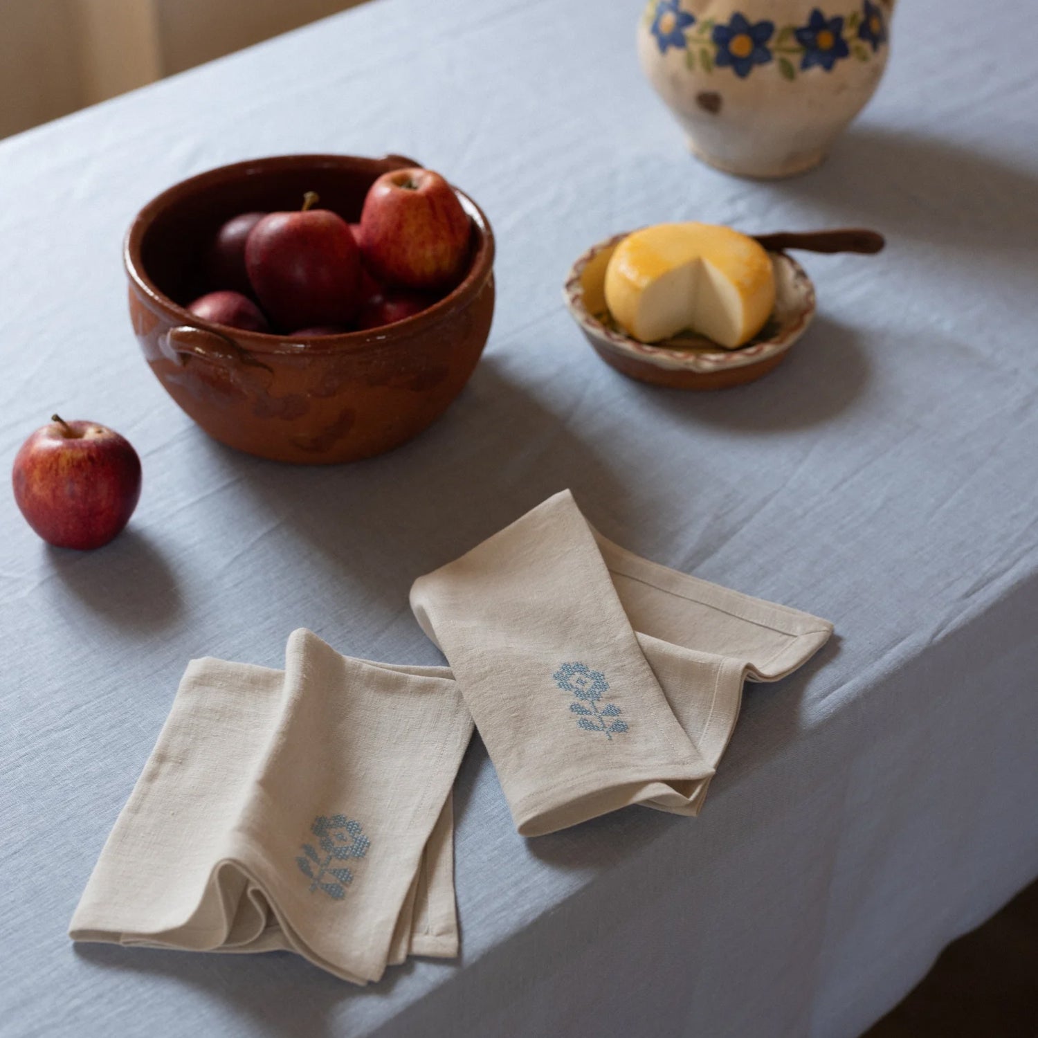 Beige Linen Napkins with Flower Cross-Stitch Embroidery (Set of 2)
