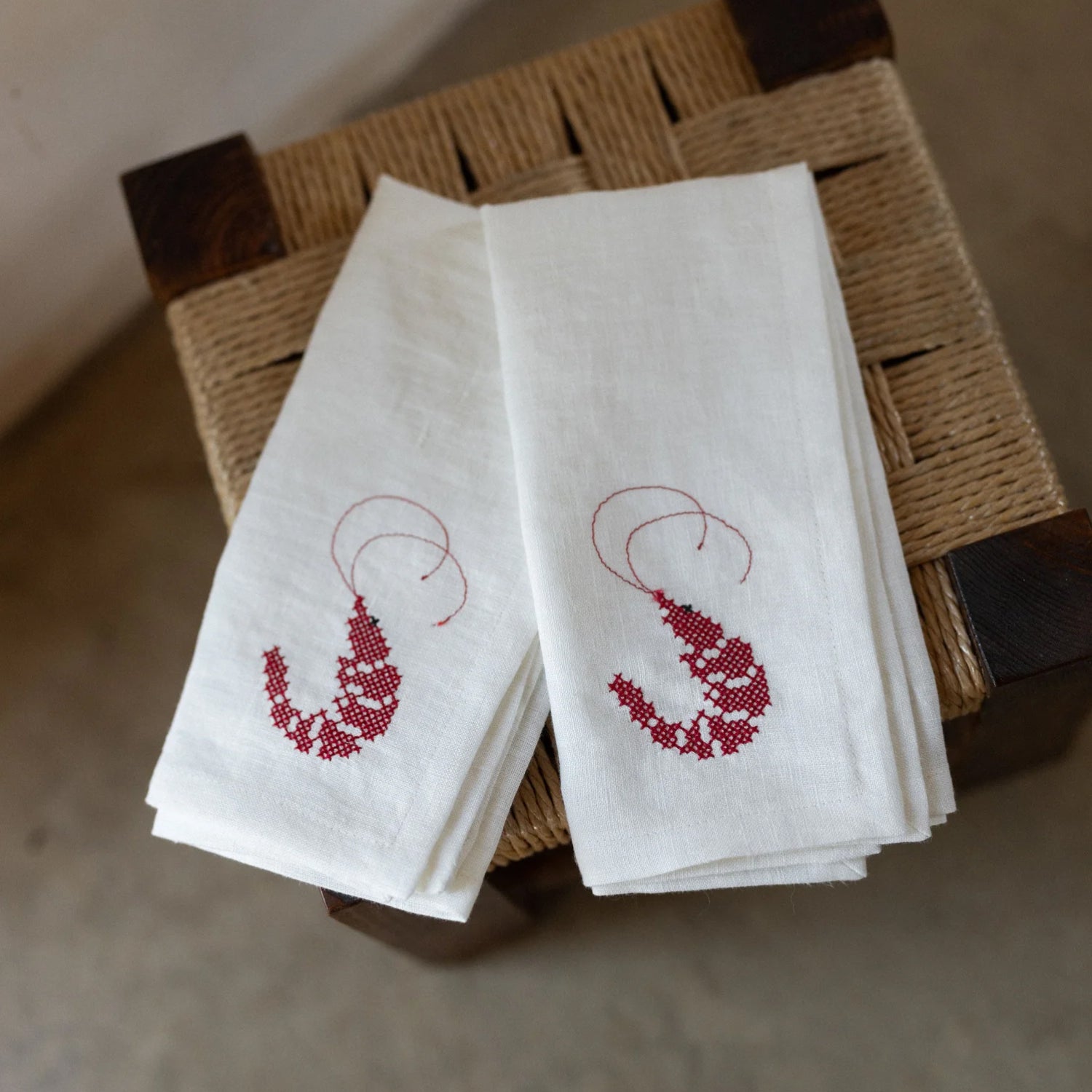 White Linen Napkins with Prawn Cross-Stitch Embroidery (Set of 2)