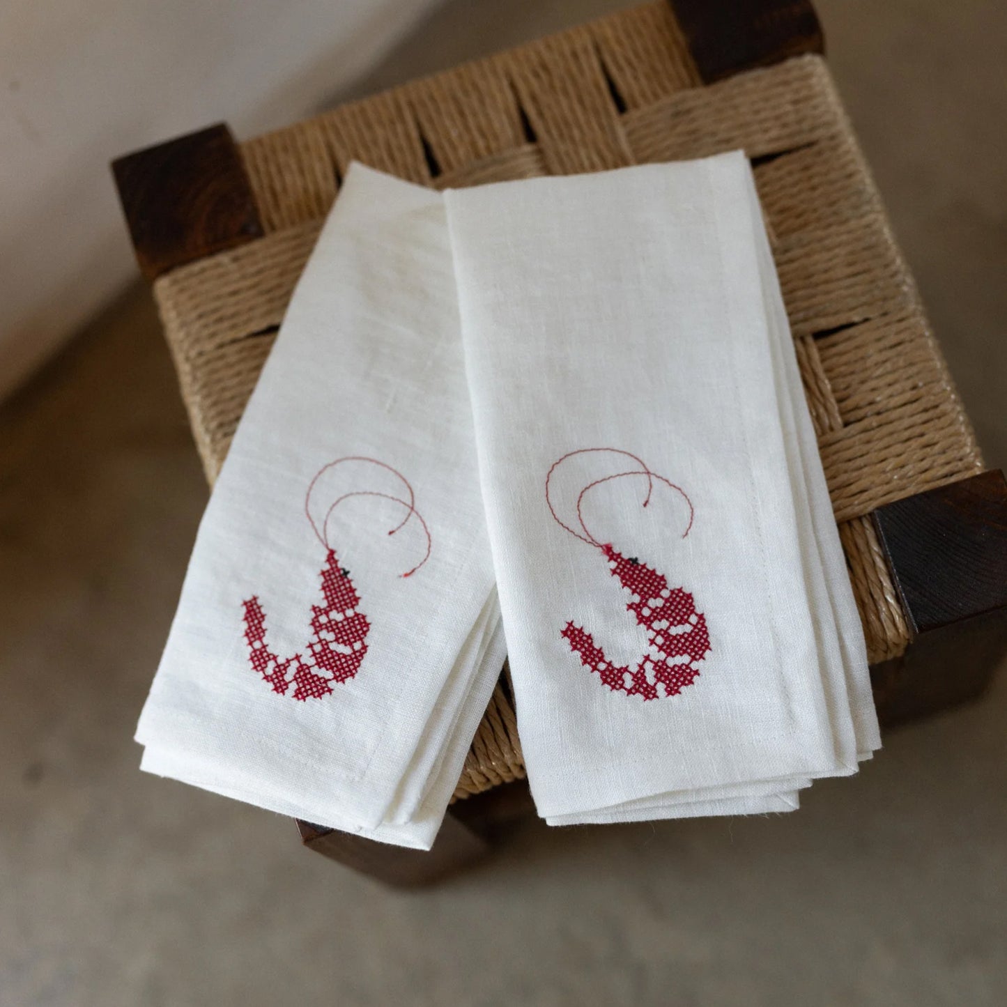 White Linen Napkins with Prawn Cross-Stitch Embroidery (Set of 2)