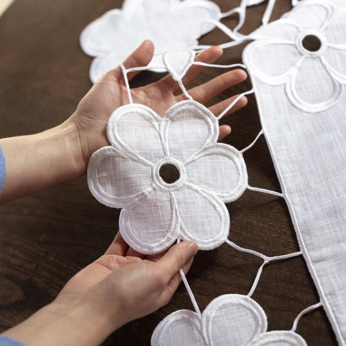 Linen Tablecloth with Floral Cutwork