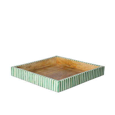 A large square wooden tray with green striped bone inlay detailing on the sides.