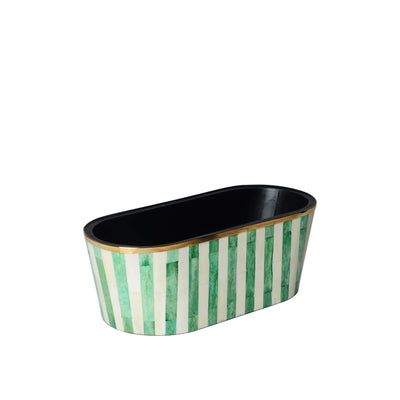 A large oblong planter with green striped inlay design and a black interior.