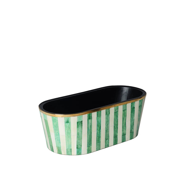 A large oblong planter with green striped inlay design and a black interior.