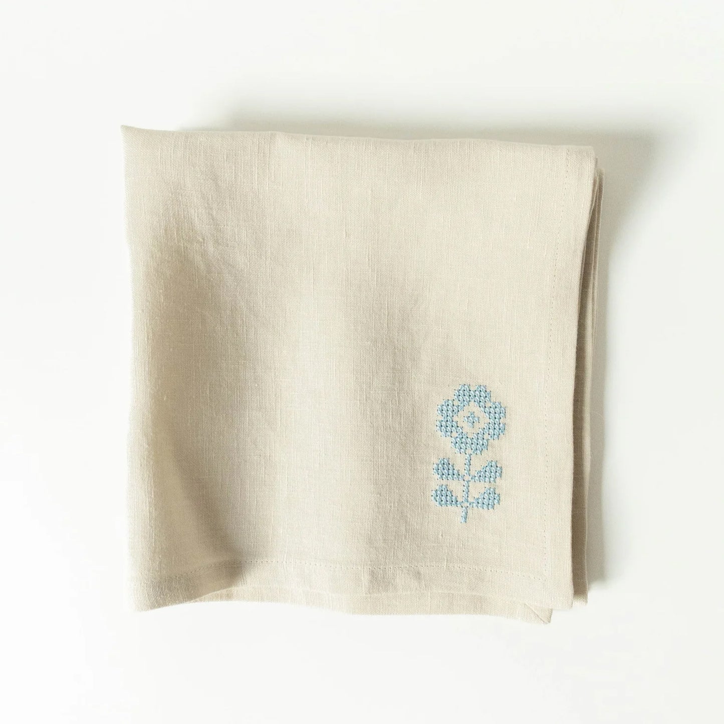 Beige Linen Napkins with Flower Cross-Stitch Embroidery (Set of 2)