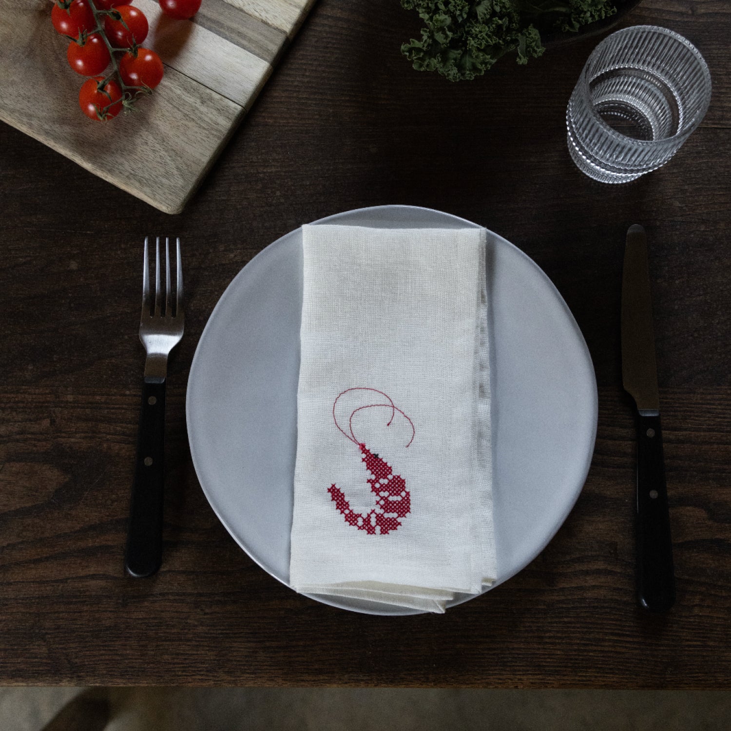 White Linen Napkins with Prawn Cross-Stitch Embroidery (Set of 2)