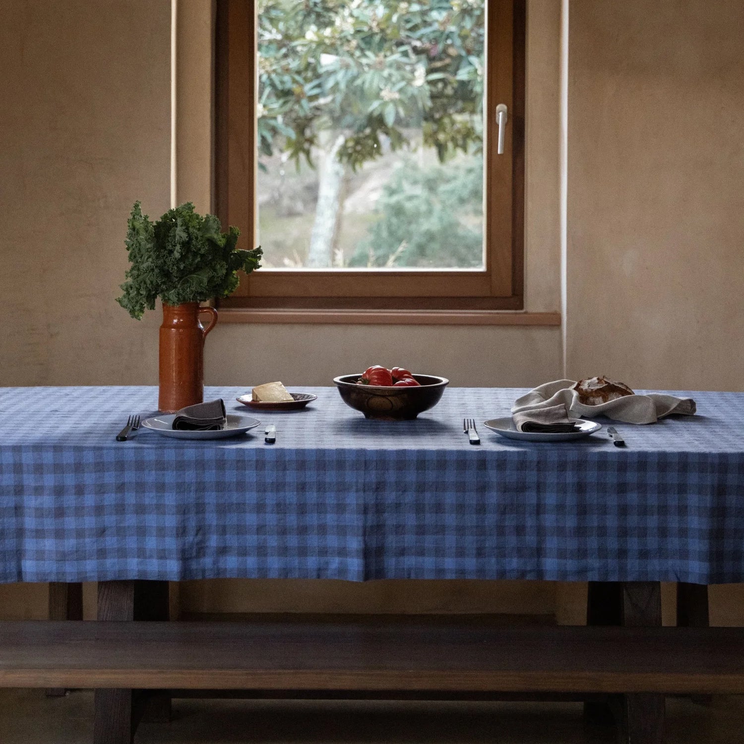 Beige Linen Gingham Tablecloth
