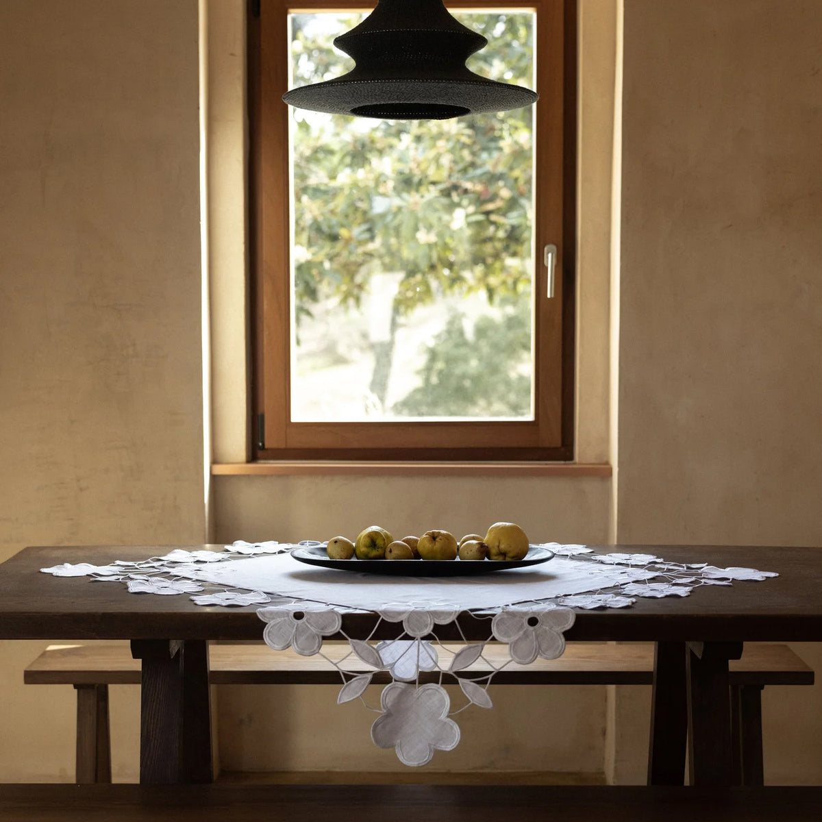 Linen Tablecloth with Floral Cutwork