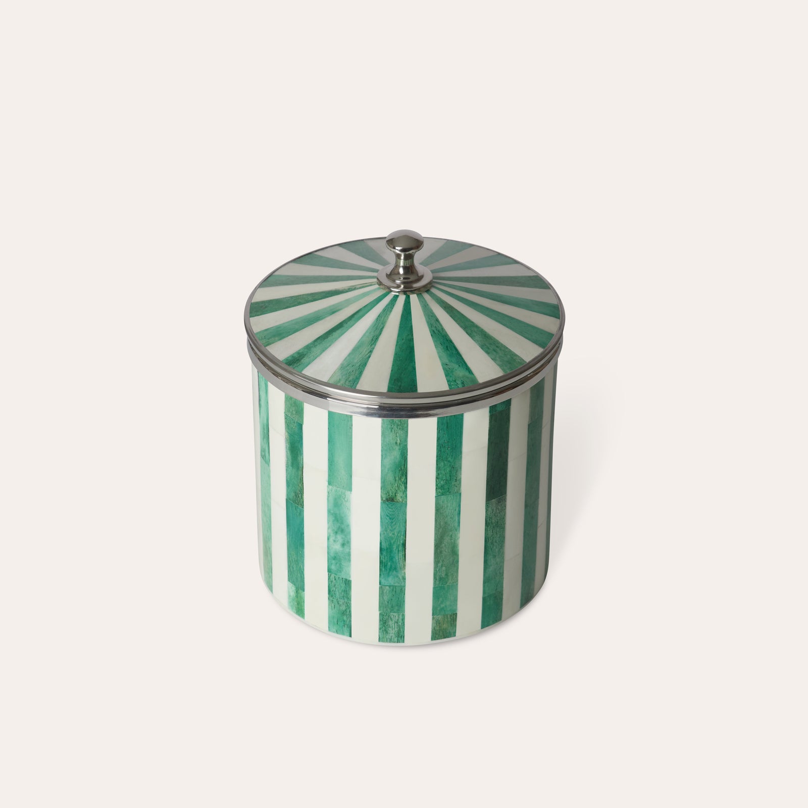 Decorative ice bucket with lid in green and white striped pattern with silver chrome edges and handle on a white background.