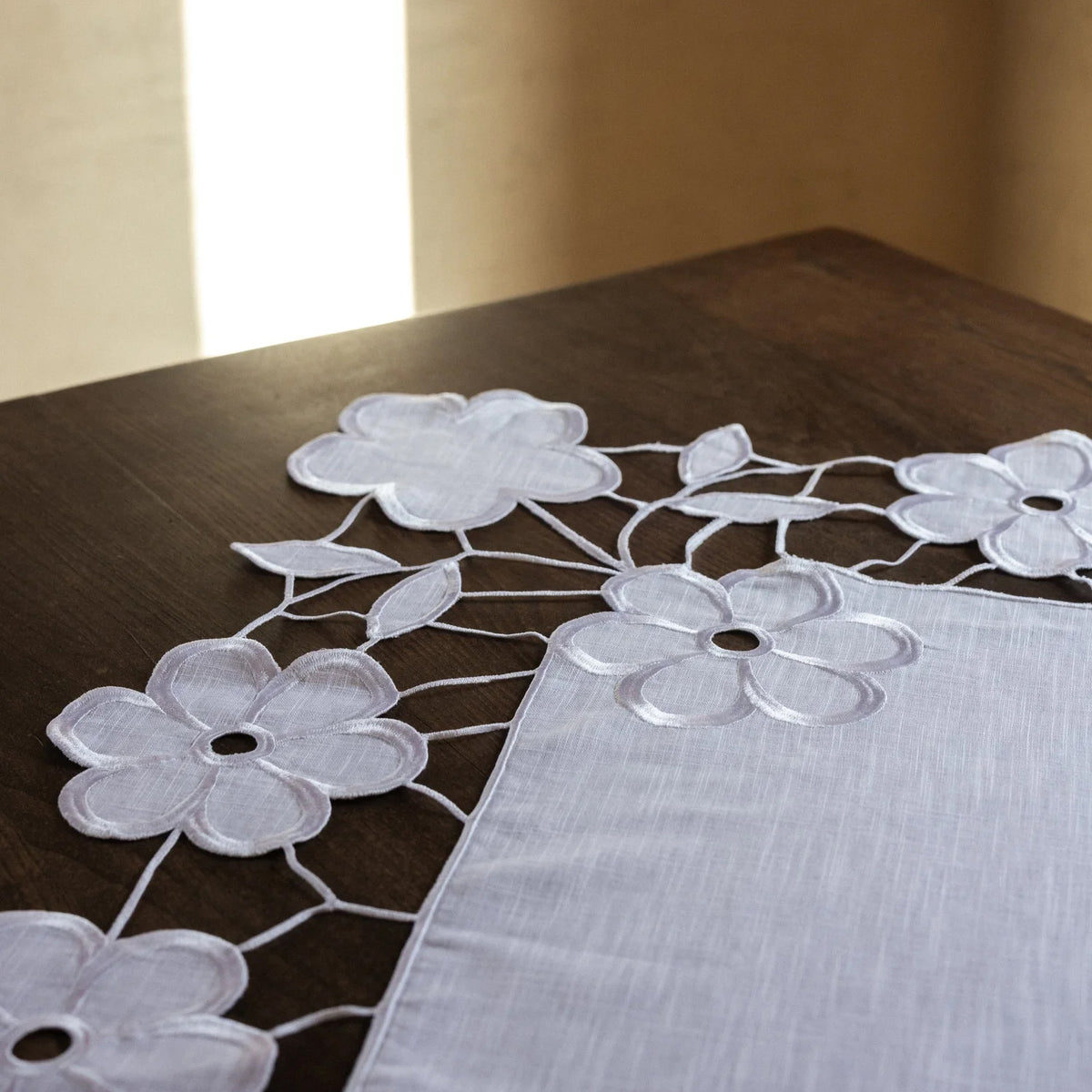 Linen Tablecloth with Floral Cutwork