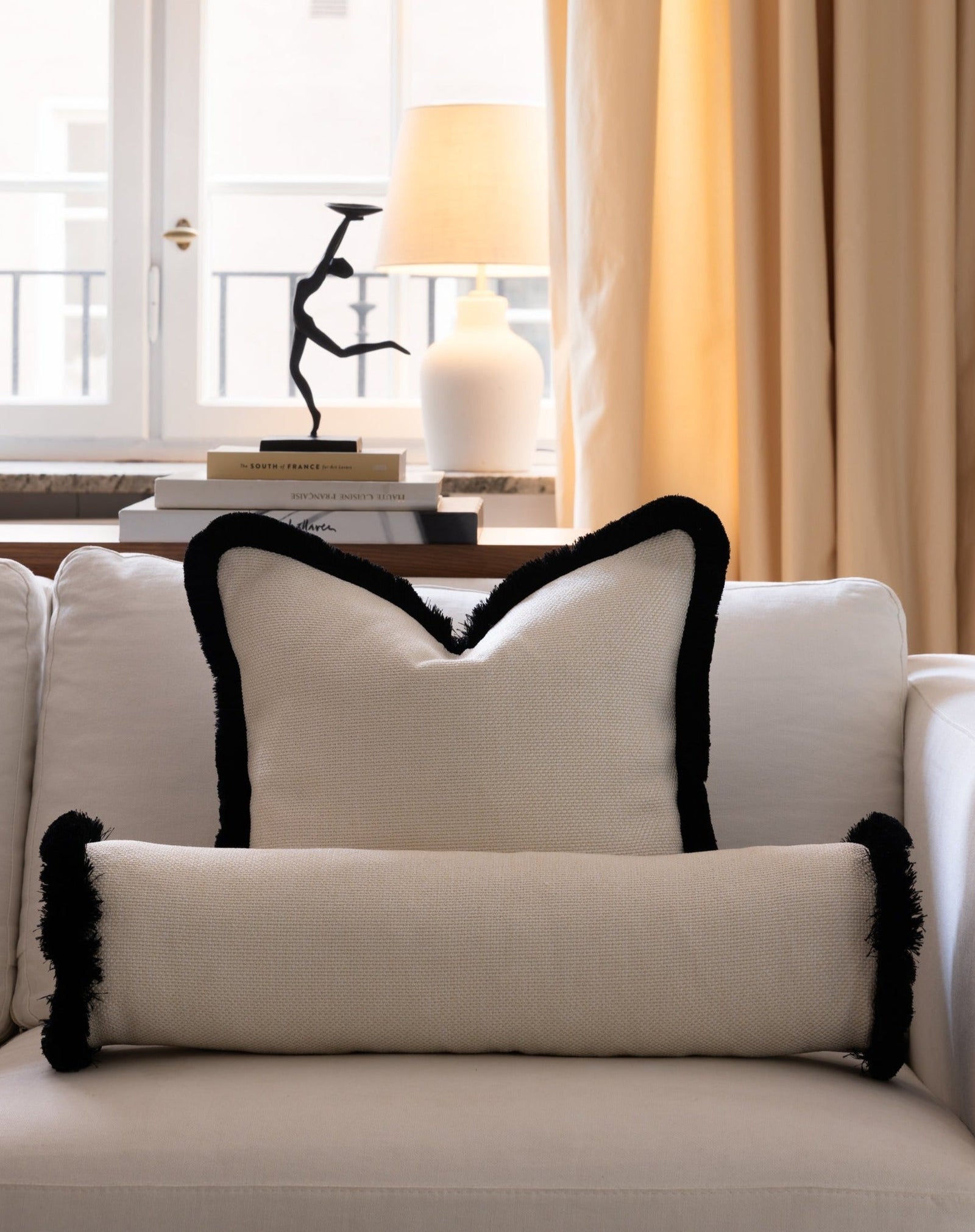 Pillow cover - The Cigar Pillow Case - Ivory White with Black Fringe