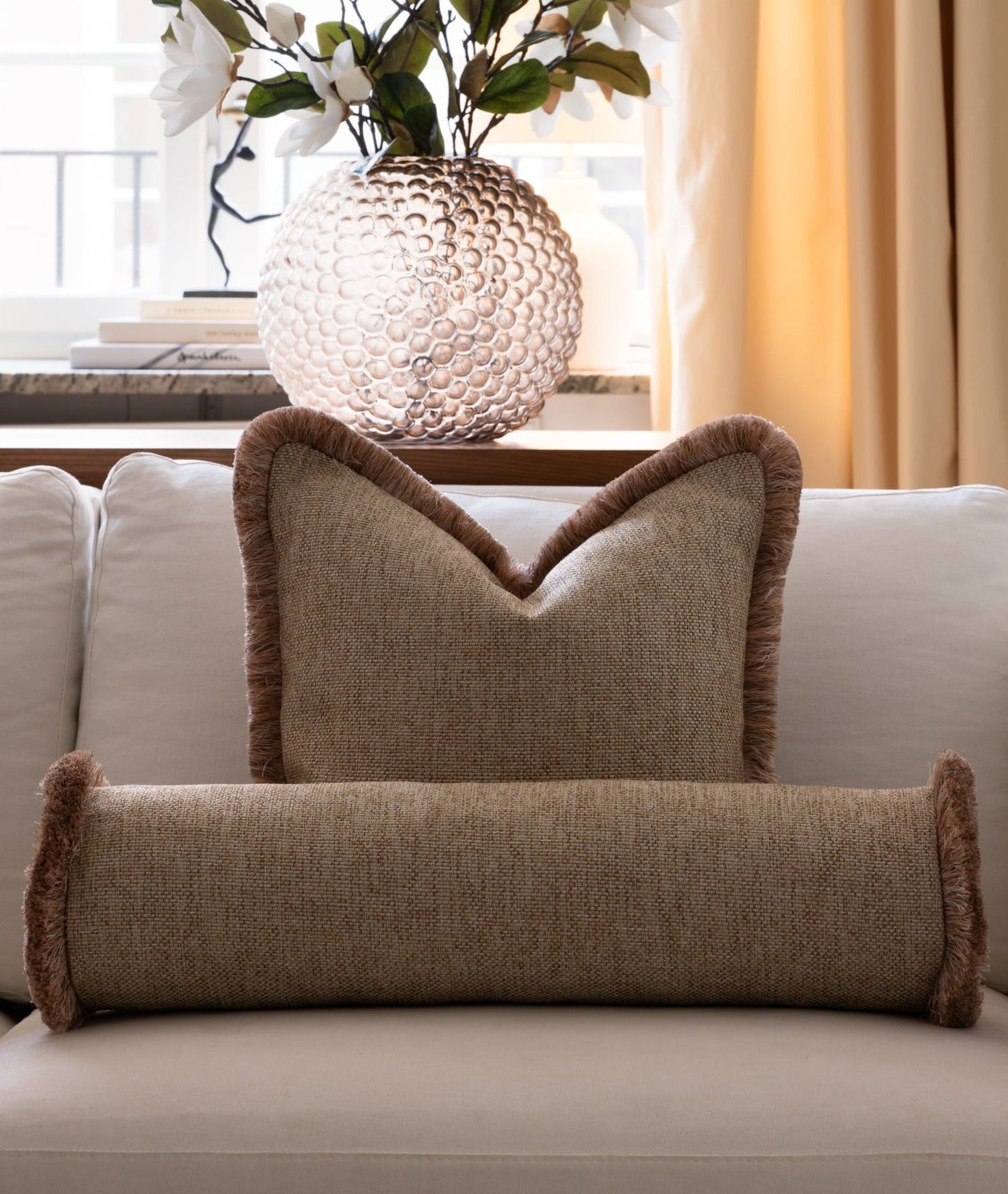 Pillow cover - The Cigar Pillow Case - Quilted light beige with pink Champagne fringe