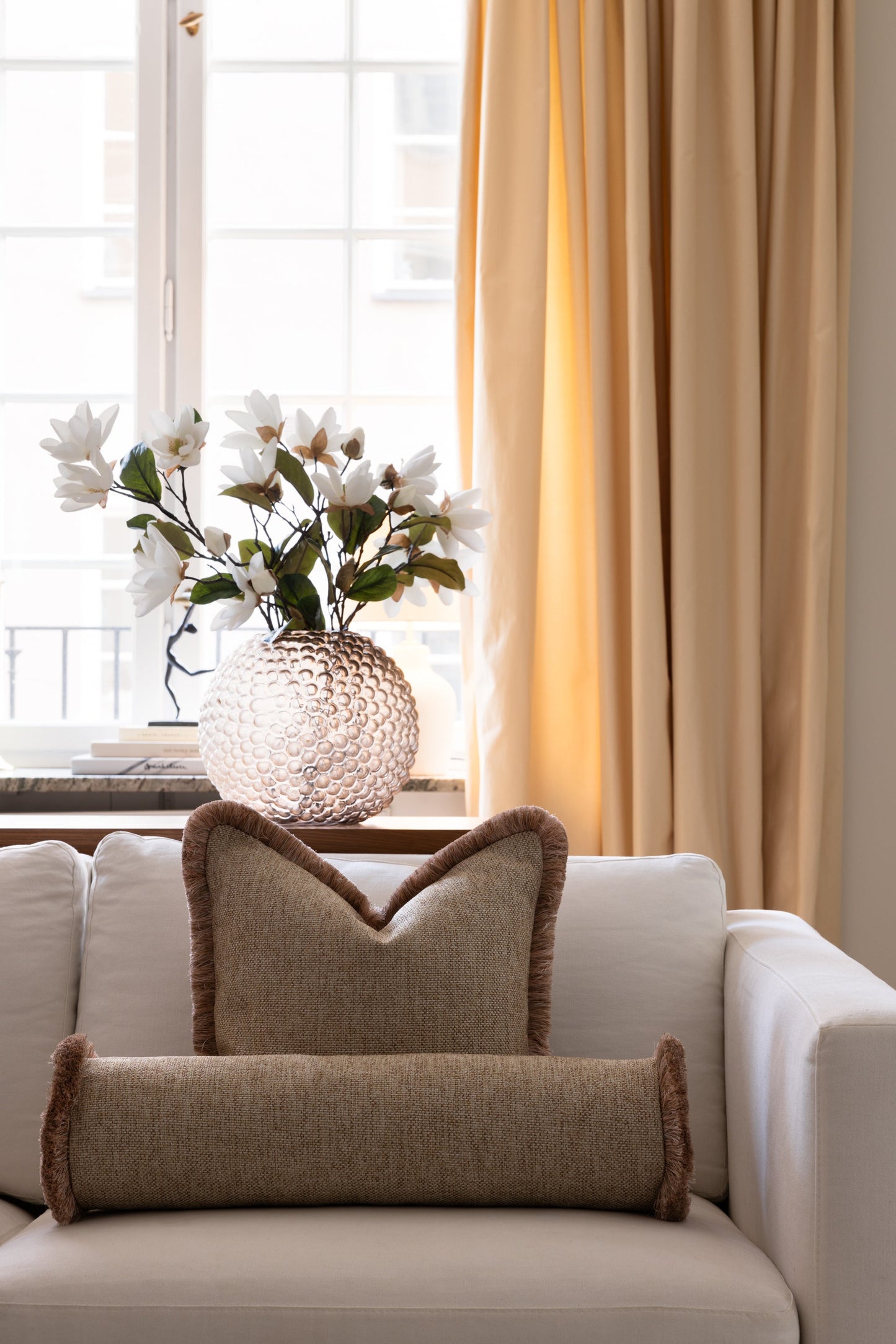 Pillow cover - Quilted Fringe Pillow Cover - Light Beige & Brown, Pink champagne Fringe
