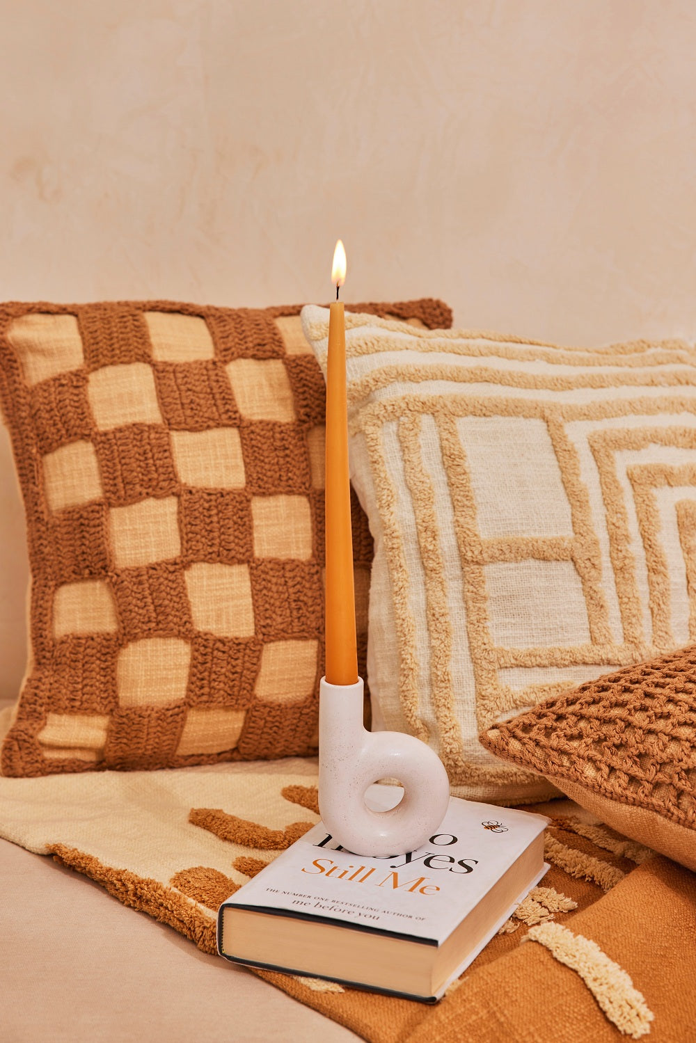 Checkered Crochet Beige Throw Pillow | Without Filler