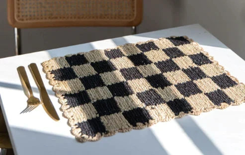 Black Checked Placemat, Rectangular Raffia Tabletop