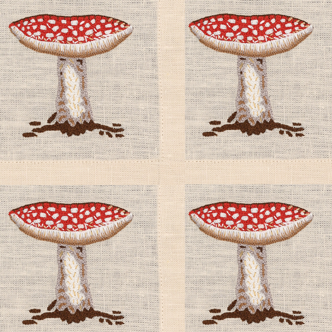 Hand Embroidered Mushroom Muse Cocktail Napkins 6" x 6" (Set of 4)