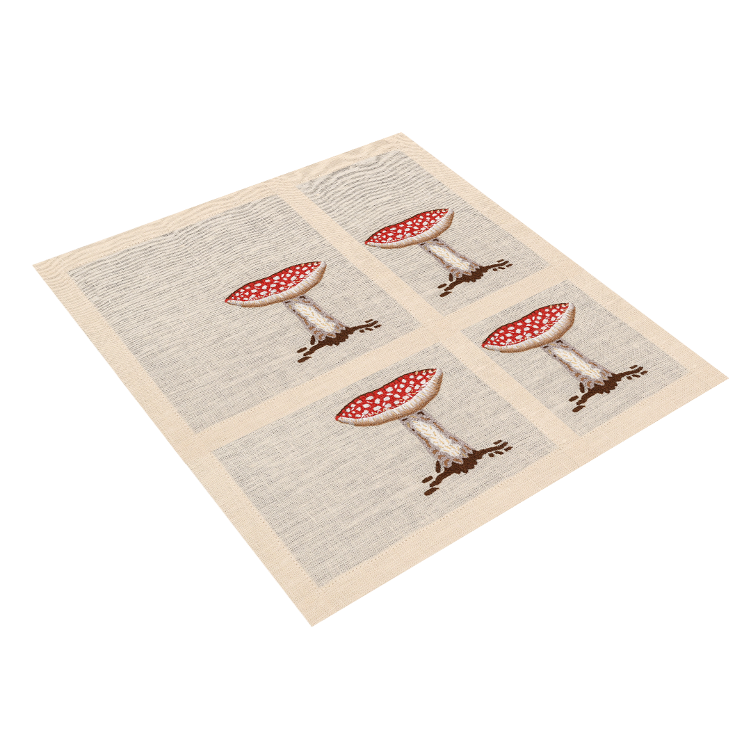 Hand Embroidered Mushroom Muse Cocktail Napkins 6" x 6" (Set of 4)