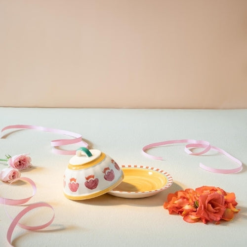 Rose Ceramic Butter Dish 4.3x4.3x3 Inches Handmade with Lid - Casa Amarosa